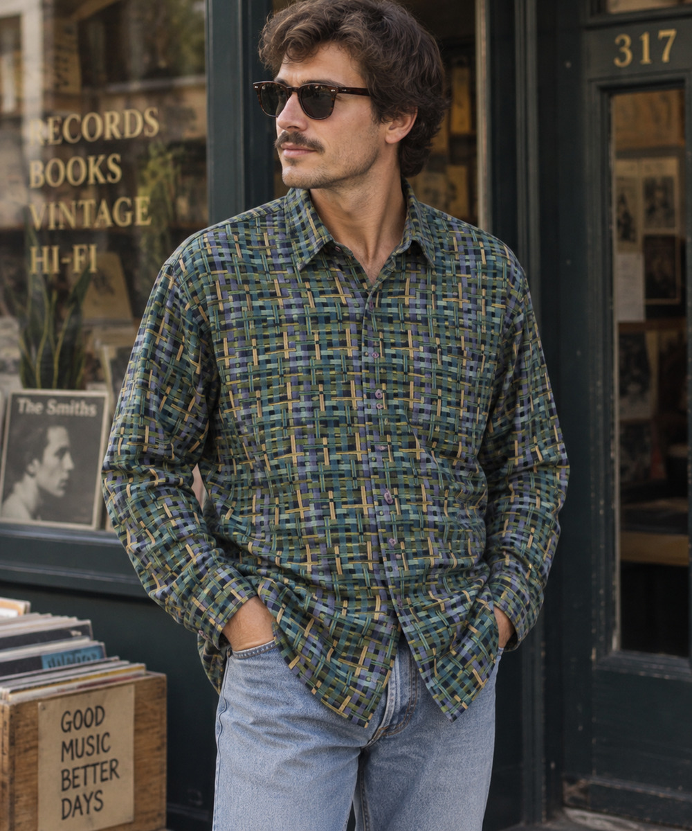 Vintage 90s Jhane Barnes Men's Green Shirt Abstract Print Japan Fabric Large